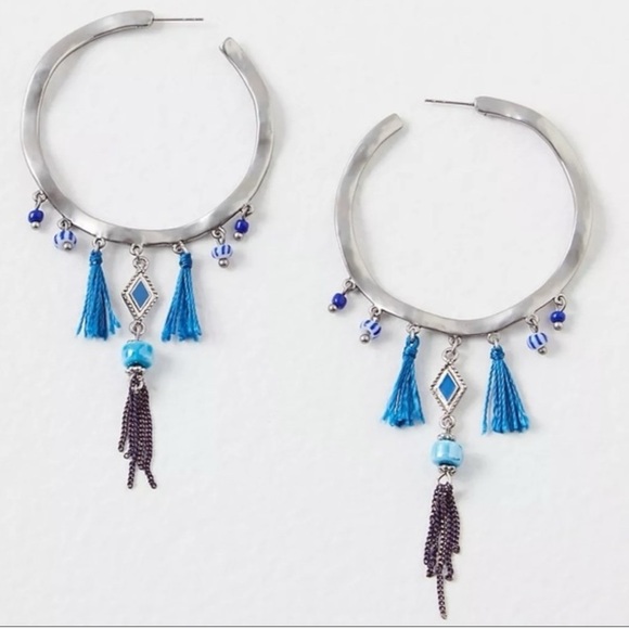 Free People Western Bohemian Beaded Fringe  Hoops Earrings Silver Blue Festival - Picture 1 of 10